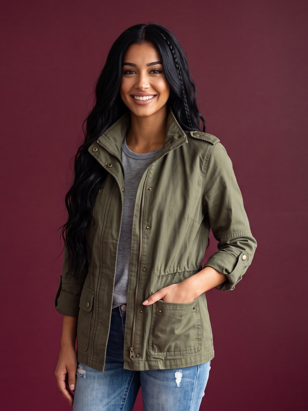 Love Tree Olive Green Utility Jacket with Cinch Waist Drawcord & adjustable